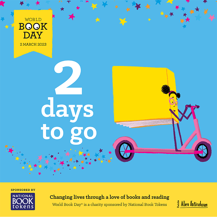 World Book Day countdown graphic showing 2 days to go. The illustration by Allen Fatimaharan features a girl with a book for a body riding on a scooter. 