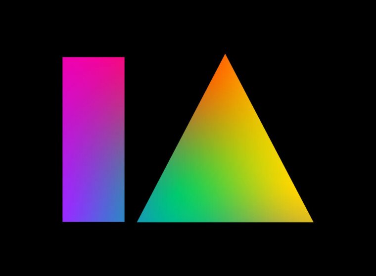 The IA logo showed in a bright multi-coloured gradient on a black background 