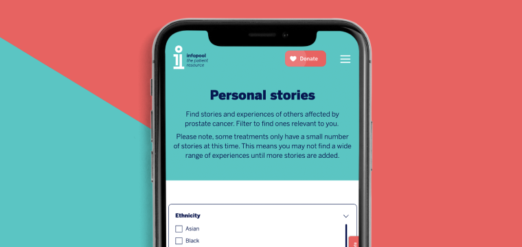 The Personal Stories page of the Infopool website, shown on a mobile phone screen