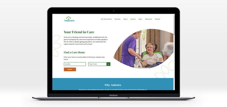 Amicura home page shown on laptop screen 