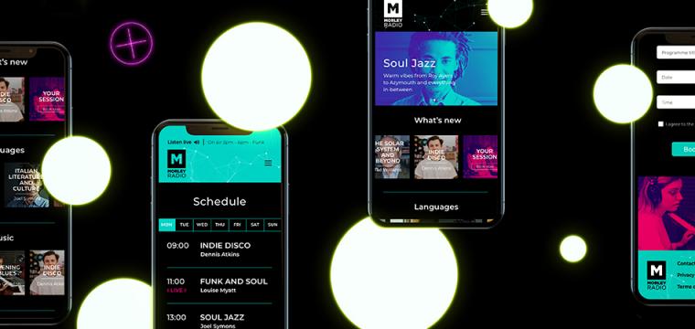 Morley Radio website shown on mobile phone screens – strong colours on black