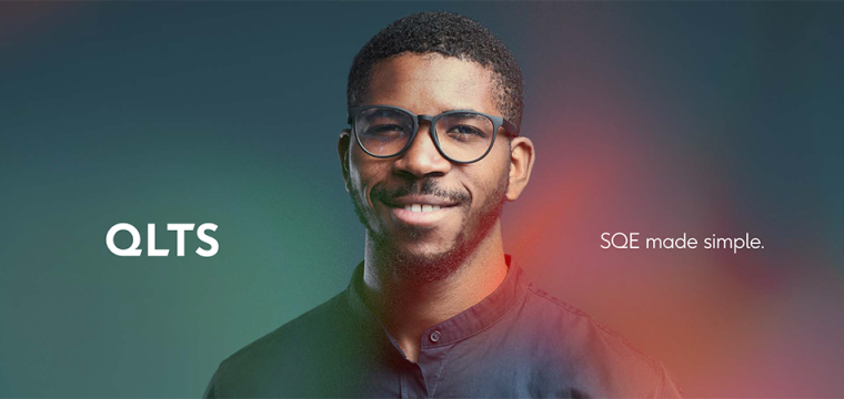 Brand image featuring a black man wearing glasses - a trainee solicitor, the QLTS logo, and the strapline 'SQE made simple'