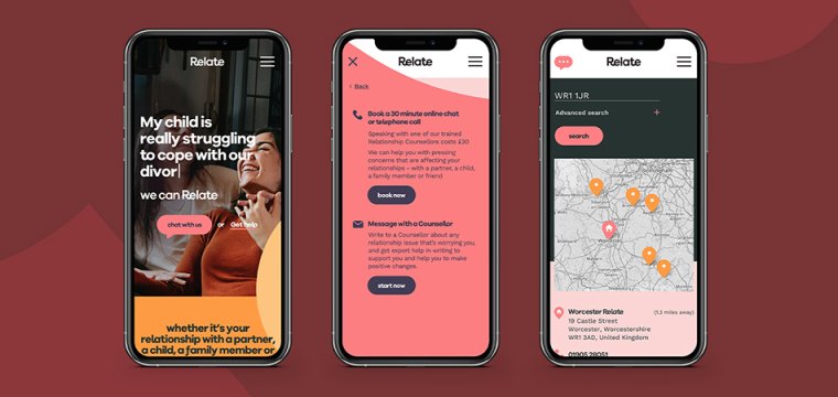 The new Relate website shown on three mobile phone screens