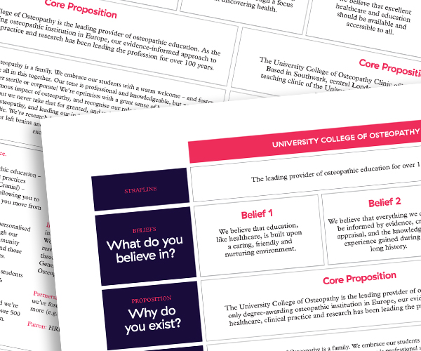 Messaging matrix for the University College of Osteopathy – IE Brand consultancy to education clients