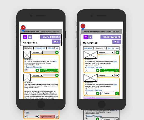 Wireframes for the CLIC Sargent charity community app 