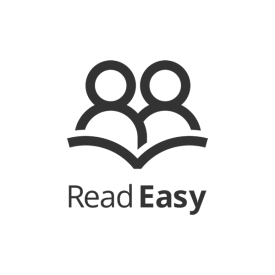 Read Easy logo with icon representing two people looking at a book. In dark grey