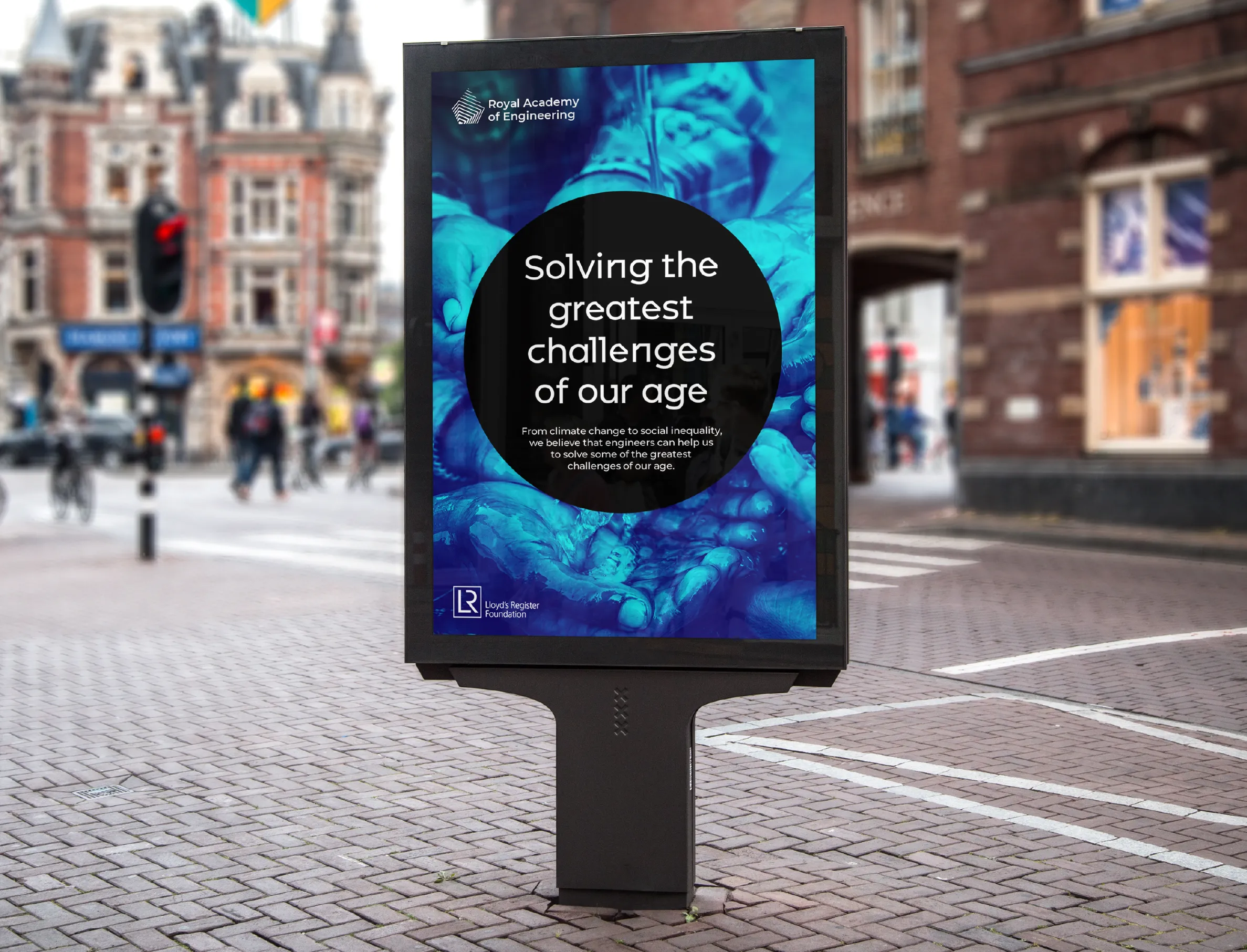 Campaign poster design for Royal Academy of Engineering, which reads "Solving the greatest challenges of our age'"