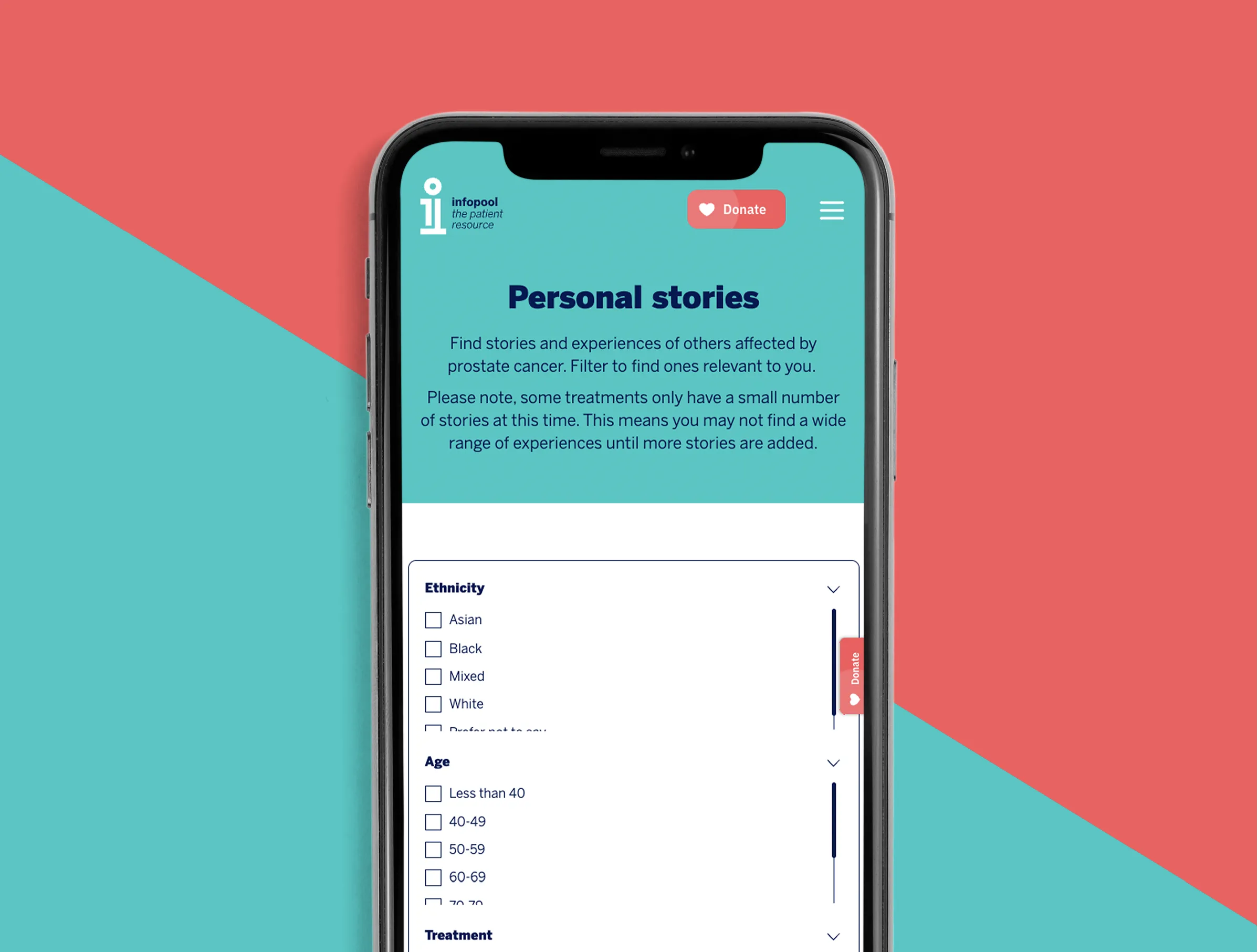 The 'Personal Stories' page of the Infopool website shown on a mobile screen