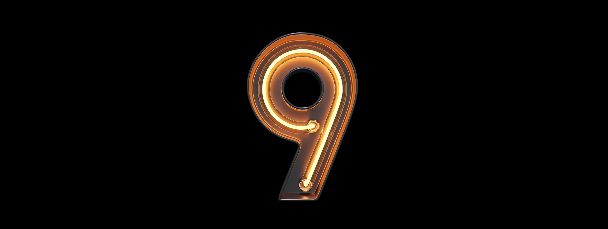 Number 9 shown as an orange neon sign on a black background