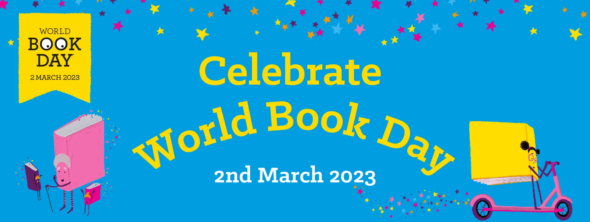 Banner showing World Book Day branding for 2nd March 2023, with illustrations by Allen Fatimaharan